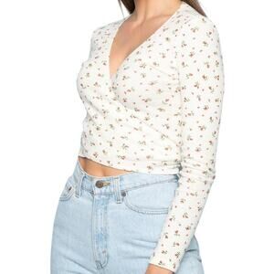 Brandy Melville Coco Wrap Top Tie Front Floral Long Sleeve Crop White OS